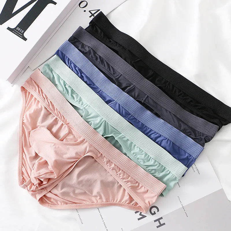 Men's low waist ice silk briefs in black, gray, light green, pink, and purplish blue colours.