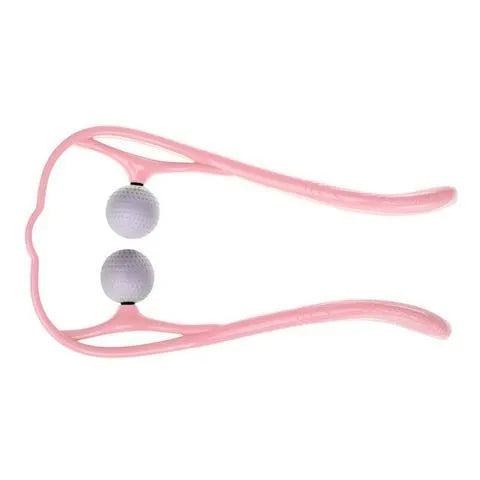 Plastic hand-held neck and shoulder massage roller in blue, with adjustable stand and 3D floating-point massage head.