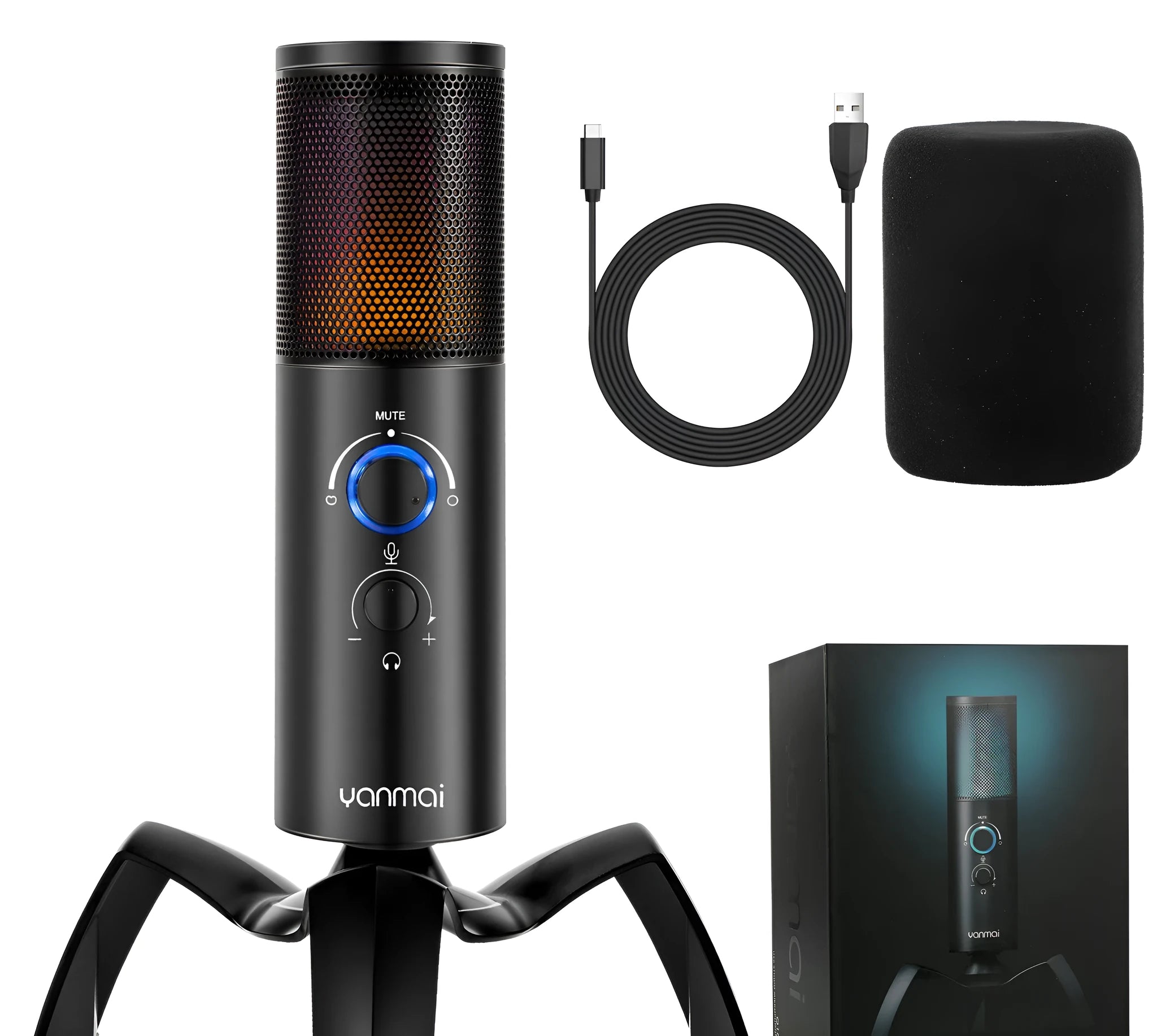 Black Q18 USB condenser microphone with RGB lighting on adjustable metal tripod