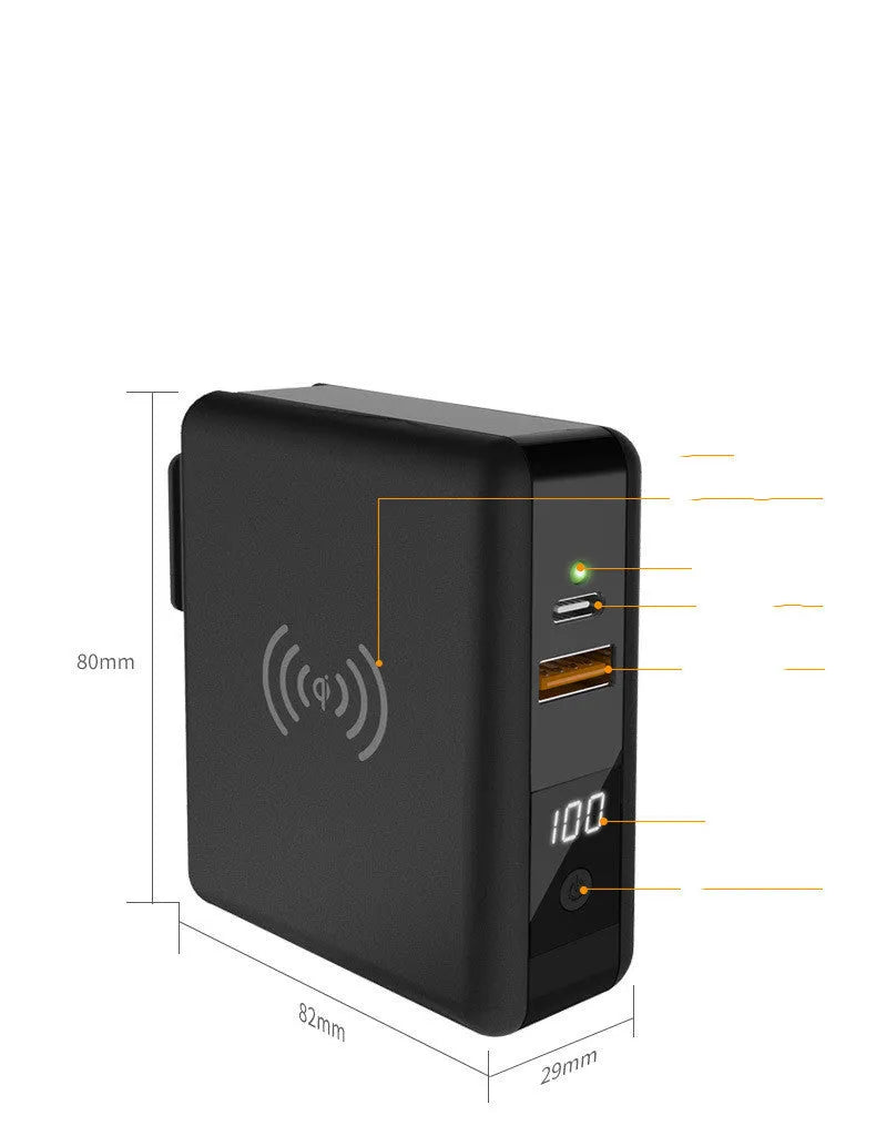 Super QI wireless charging power bank with built-in AC plug and international travel adapter in black or white colour
