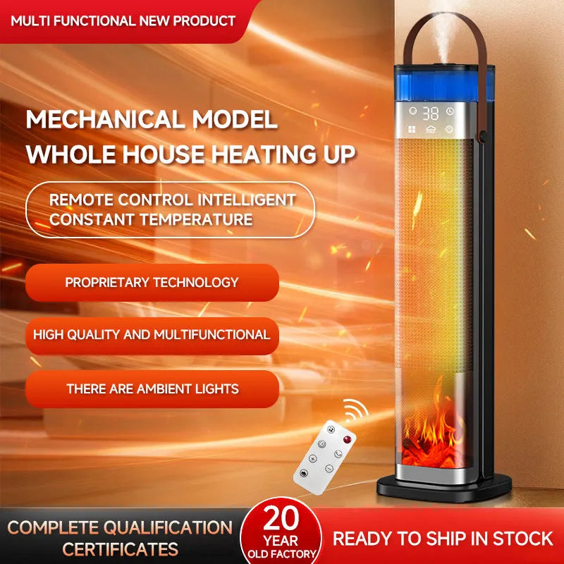 Tall vertical intelligent heater with humidification and voice control remote.