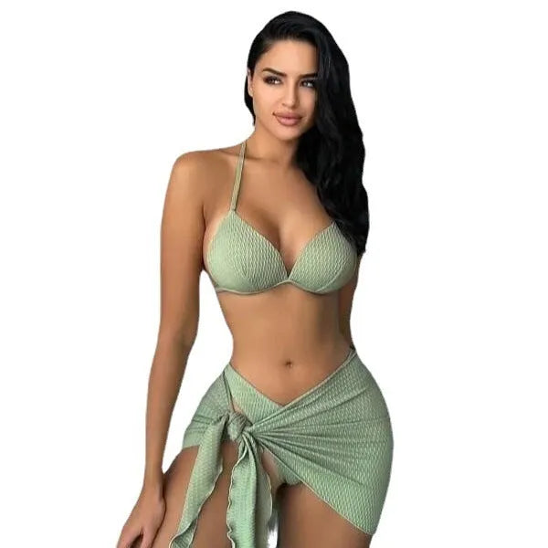 Women's black three-piece Russian split swimsuit set with a skirt on a mannequin