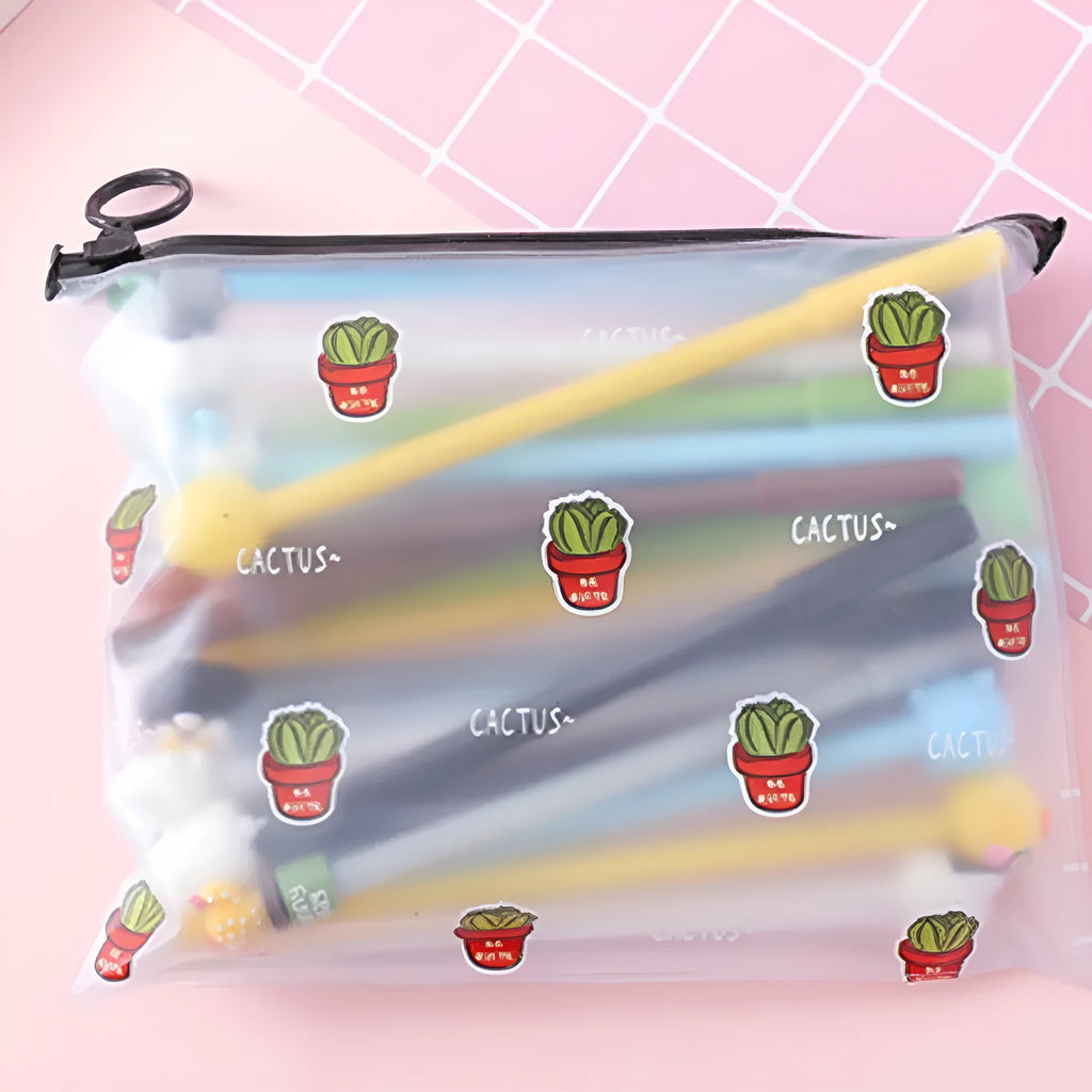 Set of twenty colourful cactus cartoon design gel pens with black ink and a matching pen case.