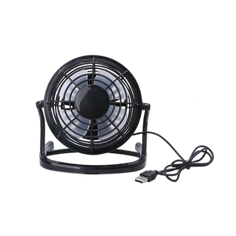 Adjustable mini USB desk fan in black colour with tilt mechanism and USB cable