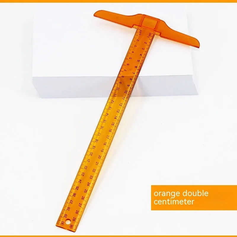 30cm T-shaped plastic ruler with UK or double centimetre scales in transparent or orange yellow colour