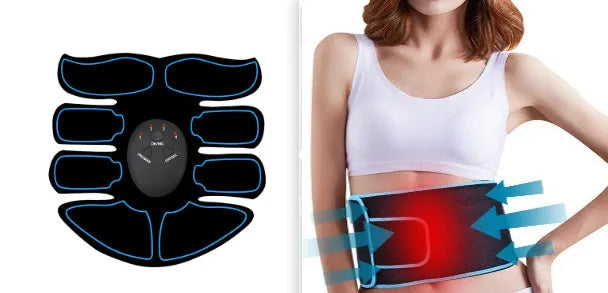 Abdominal muscle patch with digital display showing eight-belly three-piece design in red, blue, or yellow edge options.