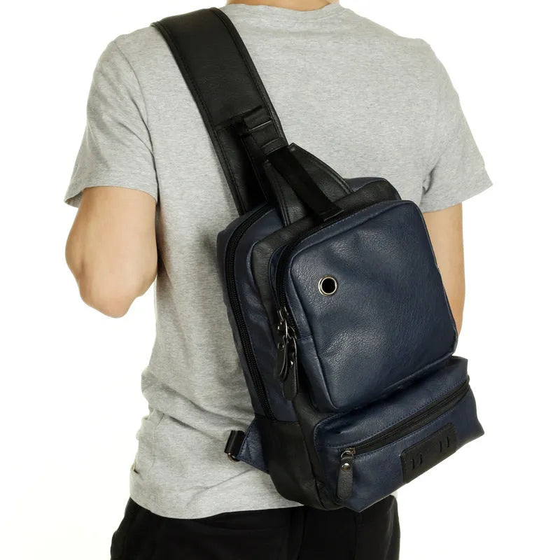 PU leather men's backpack chest bag satchel, 21x13x34cm, holds 9.7 inch iPad, dark blue black dark brown