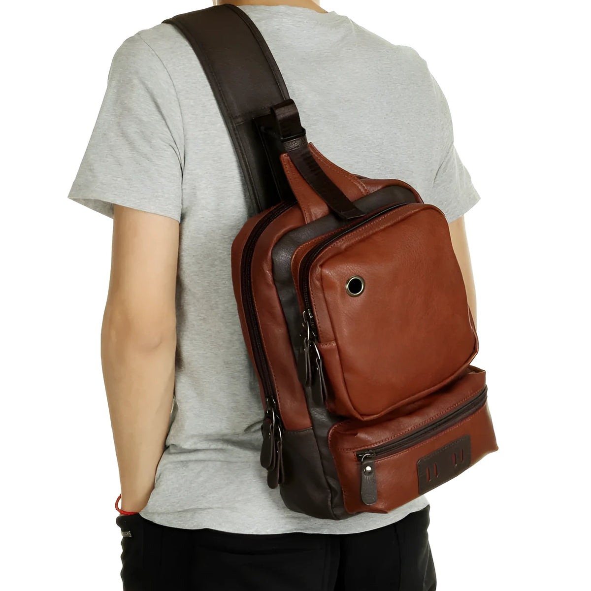 PU leather men's backpack chest bag satchel, 21x13x34cm, holds 9.7 inch iPad, dark blue black dark brown