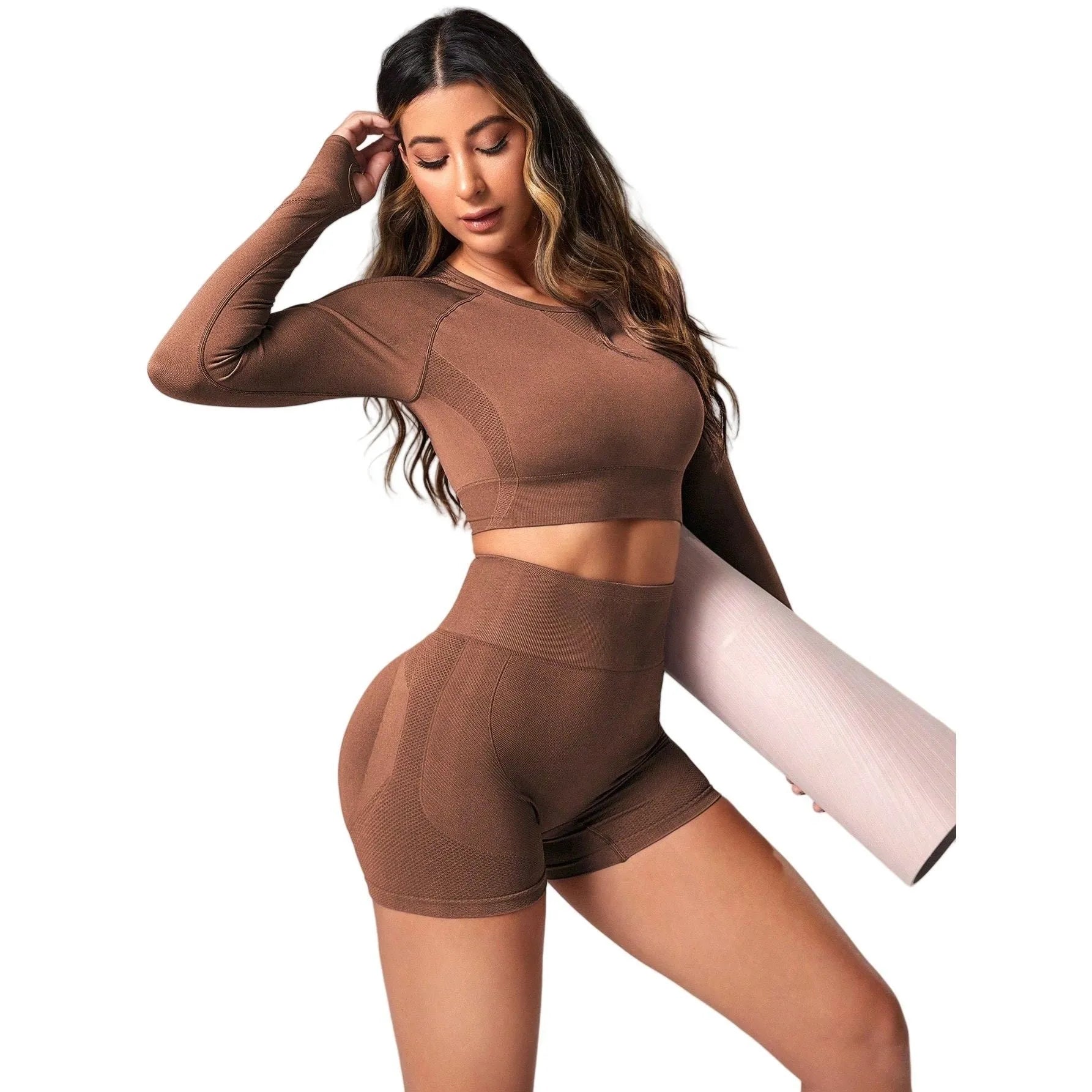 Women's yoga clothes suit in black showing high waist hip lift design with long sleeve top and pants