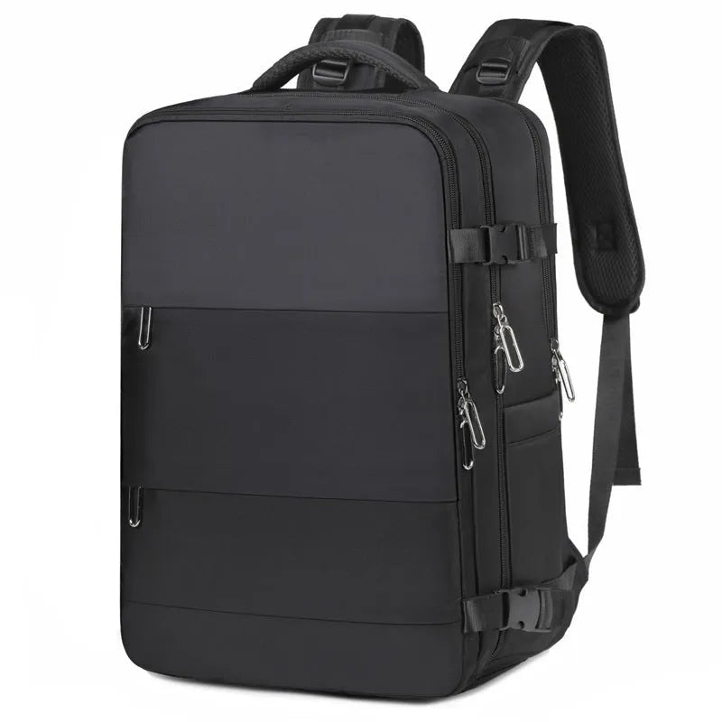 Large purple travel backpack for women showing multiple compartments and an air pillow belt system.