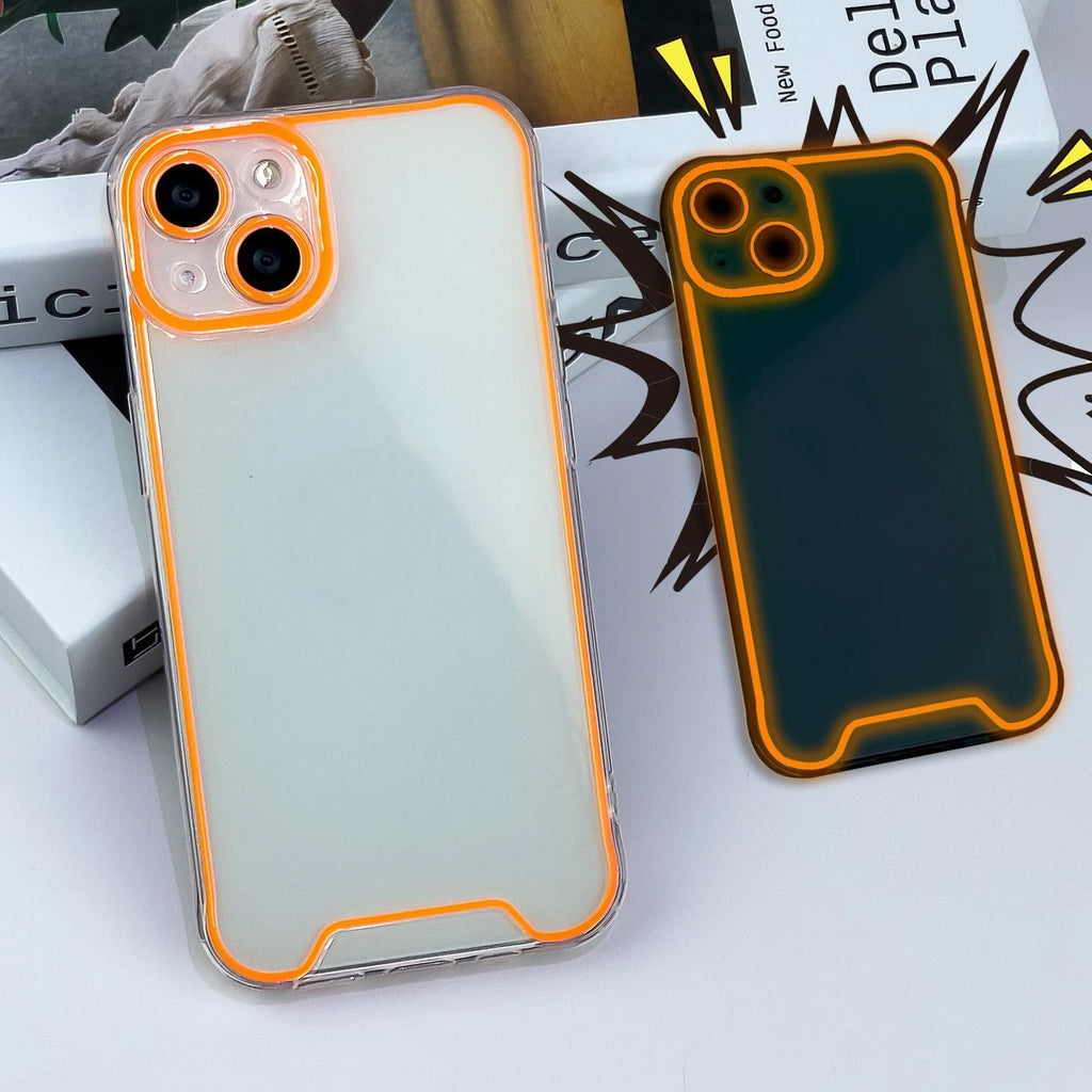 Glow in the dark Christmas phone case for iPhone in green, orange, blue, yellow, pink colours.