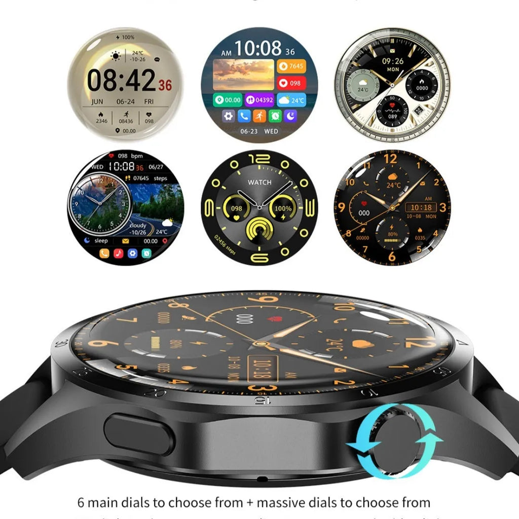 Black smartwatch with Bluetooth calling, sports modes and health monitoring functions on wrist