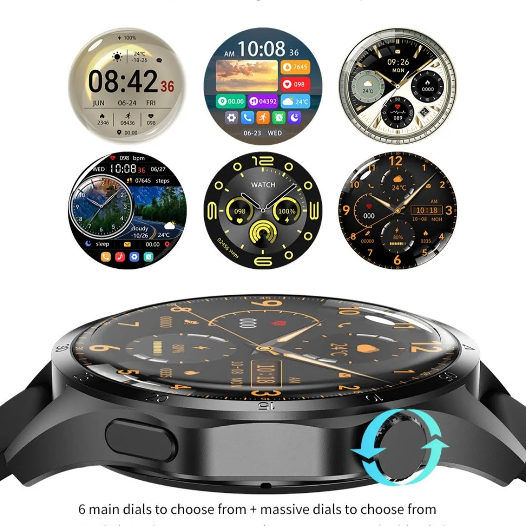 Black smartwatch with Bluetooth calling, sports modes and health monitoring functions on wrist