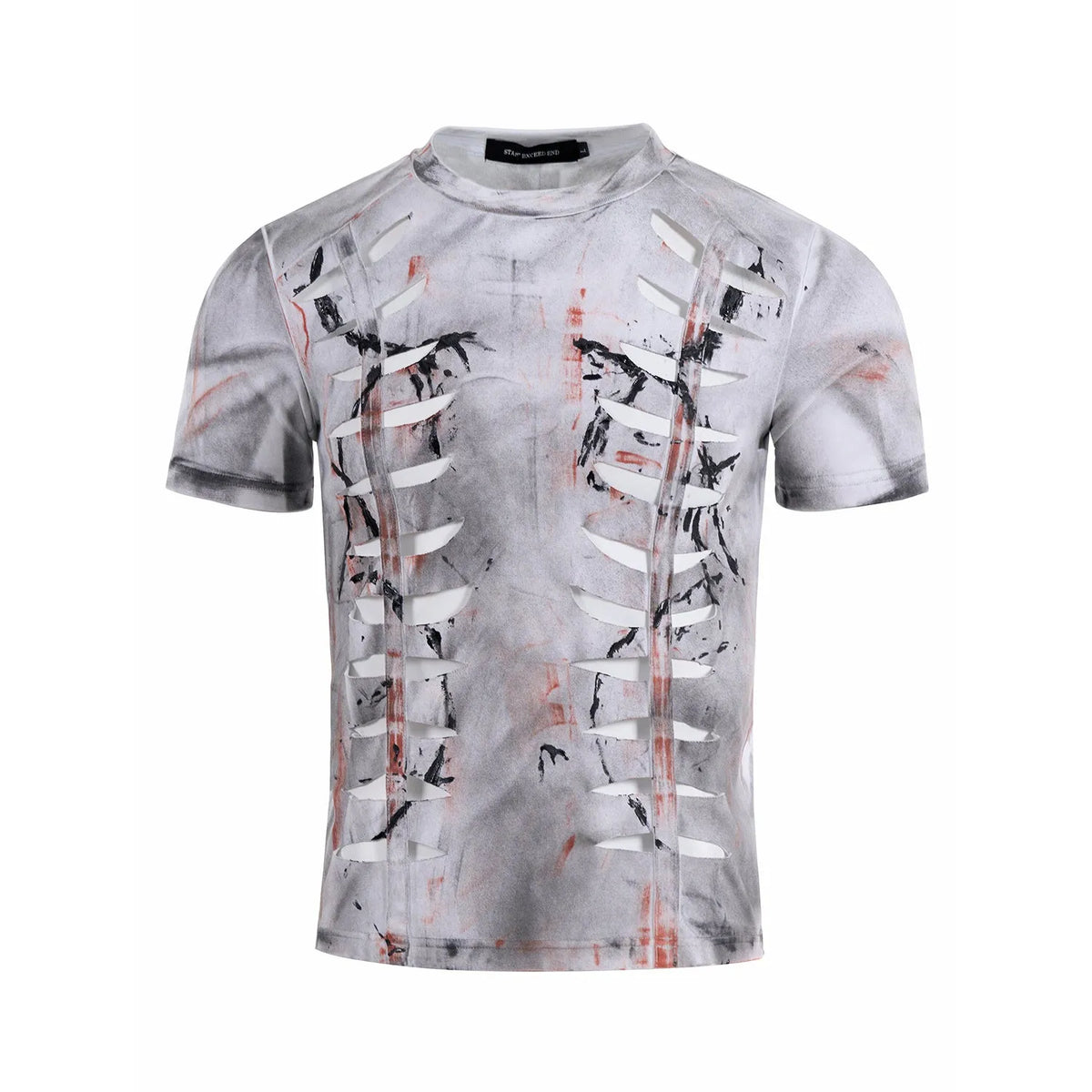 Men's white cotton T-shirt with cut hollow-out pattern on short sleeves