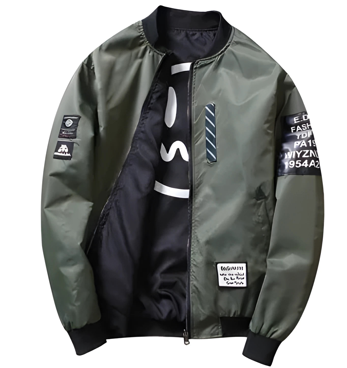 Men's reversible flight jacket with thin stripe pattern in black blue green colours featuring zipper closure and collarless design for casual autumn winter wear