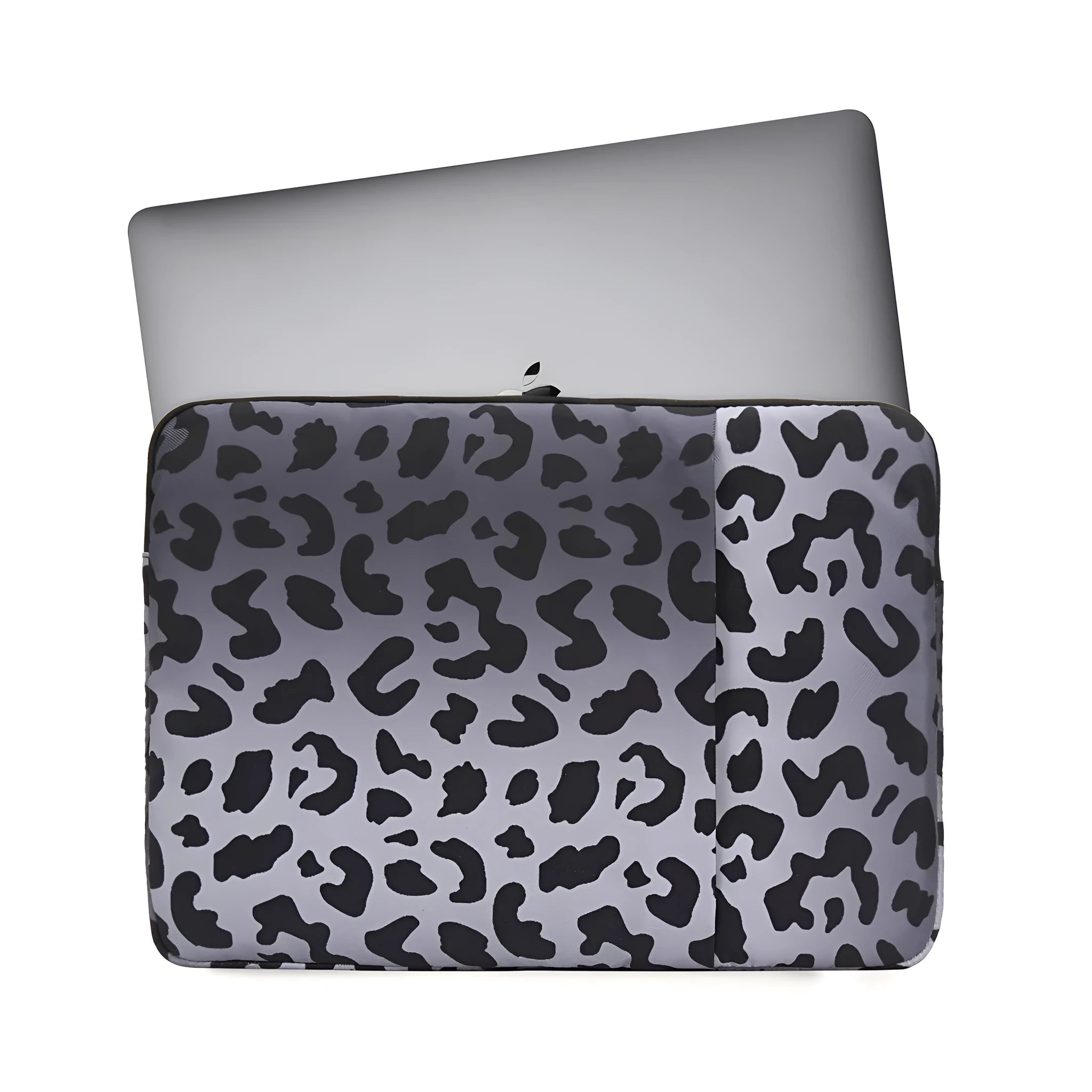 Leopard print laptop sleeve for 13-inch to 16-inch devices with flannel lining.