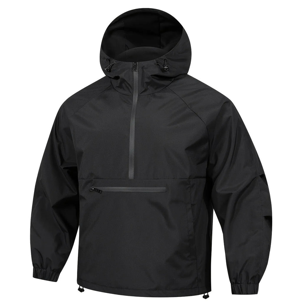 Men's light gray corduroy half-zip hooded sweater jacket showing Korean-style loose fit and rabbit fur composition