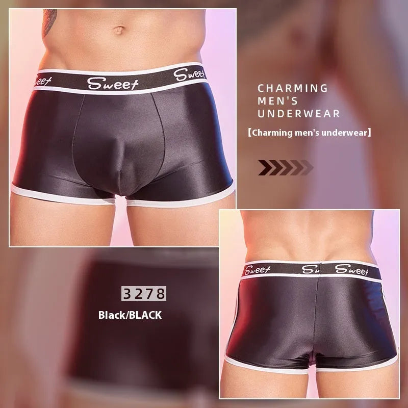 Men's silky nylon boxers in black, white, and sapphire blue colours on a white background.