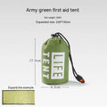 Portable emergency tent with sleeping bag and raincoat in orange or green colours