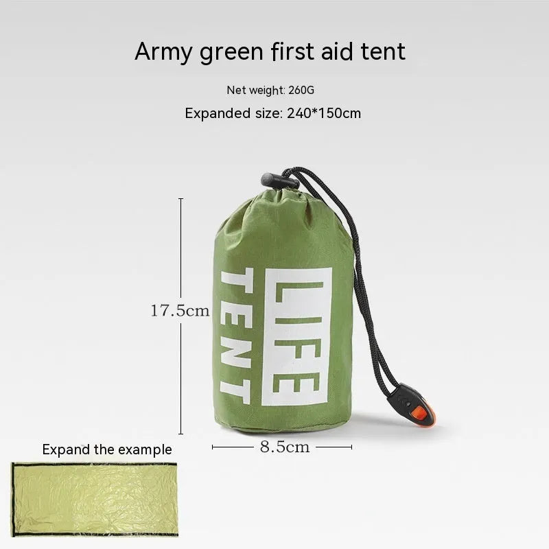 Portable emergency tent with sleeping bag and raincoat in orange or green colours