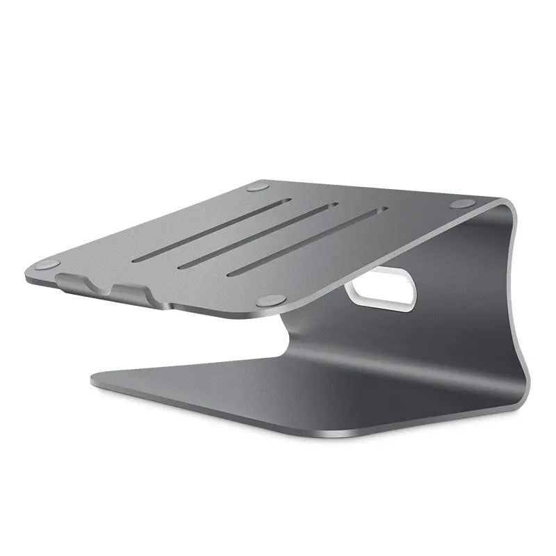 Aluminium alloy laptop cooling bracket in grey colour with rotary hinge adjustment on a desk.