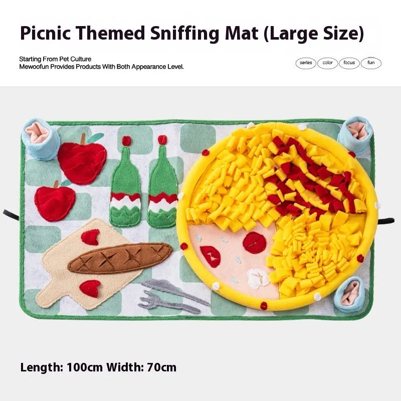 Dog sniffing mat with printed Garden Camping theme pattern, a plastic fabric puzzle toy for hiding treats.