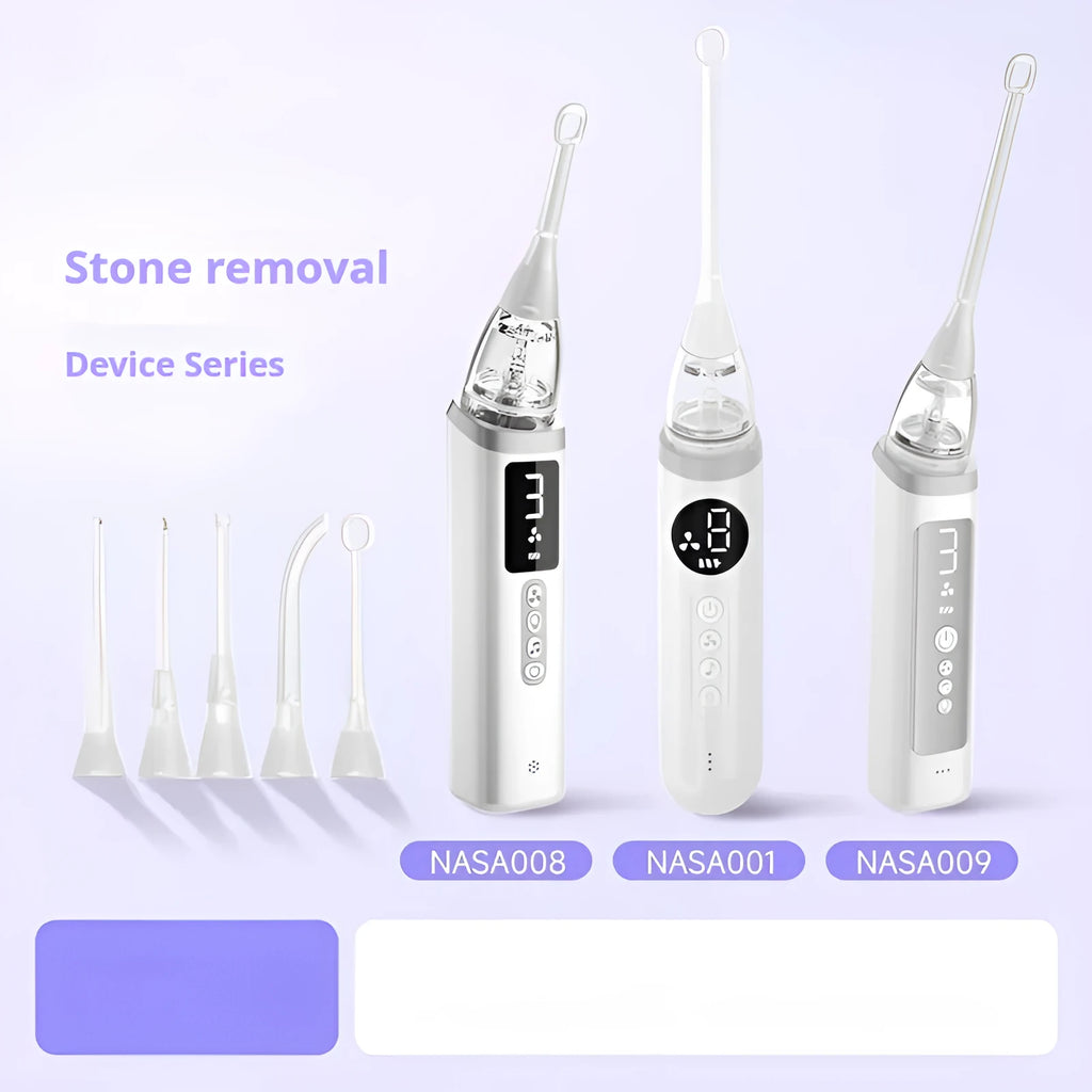 Milky white tonsil stone removal tool kit for oral hygiene, extractor tool on a plain background.