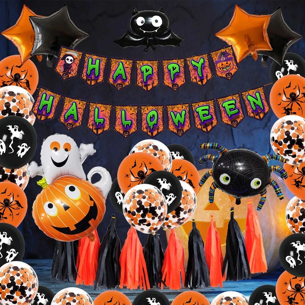 Halloween spider balloon arch with skull and pumpkin designs in black and white colours