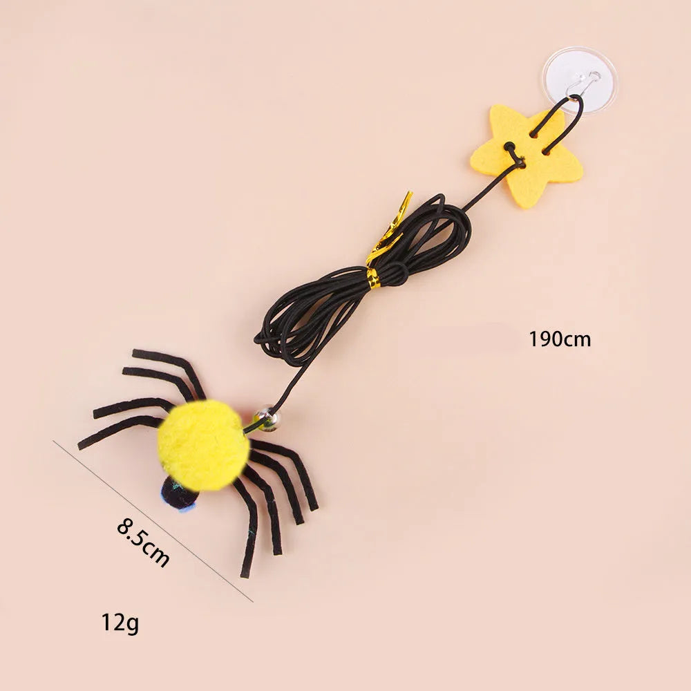 Hanging door cat toy with elastic rope, colourful feather wand, swinging spider decoration and small bell
