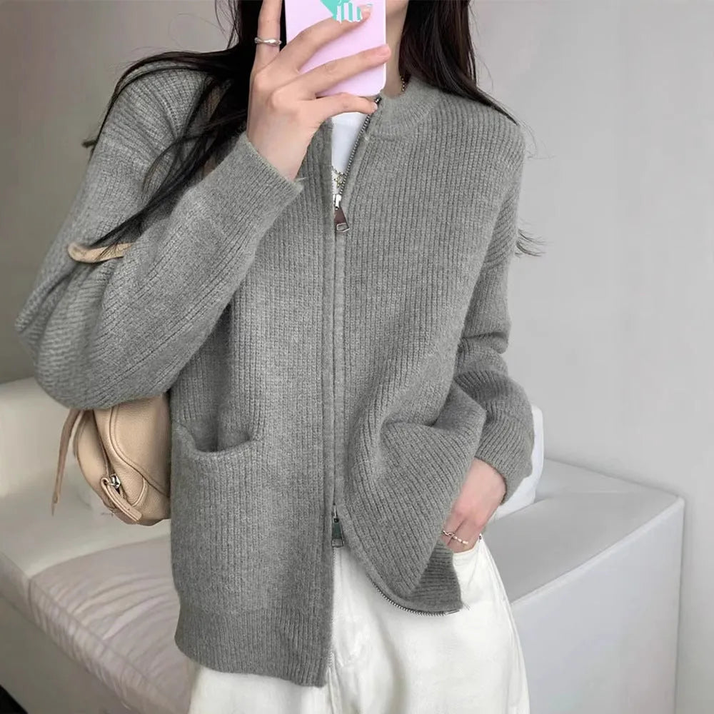 Women's soft viscose sweater coat cardigan in beige, available in small and plus sizes.