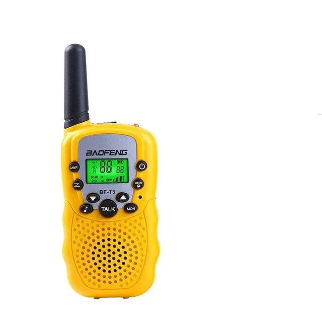 Children's walkie talkie set in various colours showing handheld design with antenna and channel selector