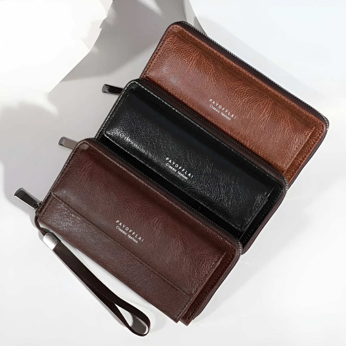 Men's long PU leather wallet in black, brown, and coffee, showing multiple card slots.