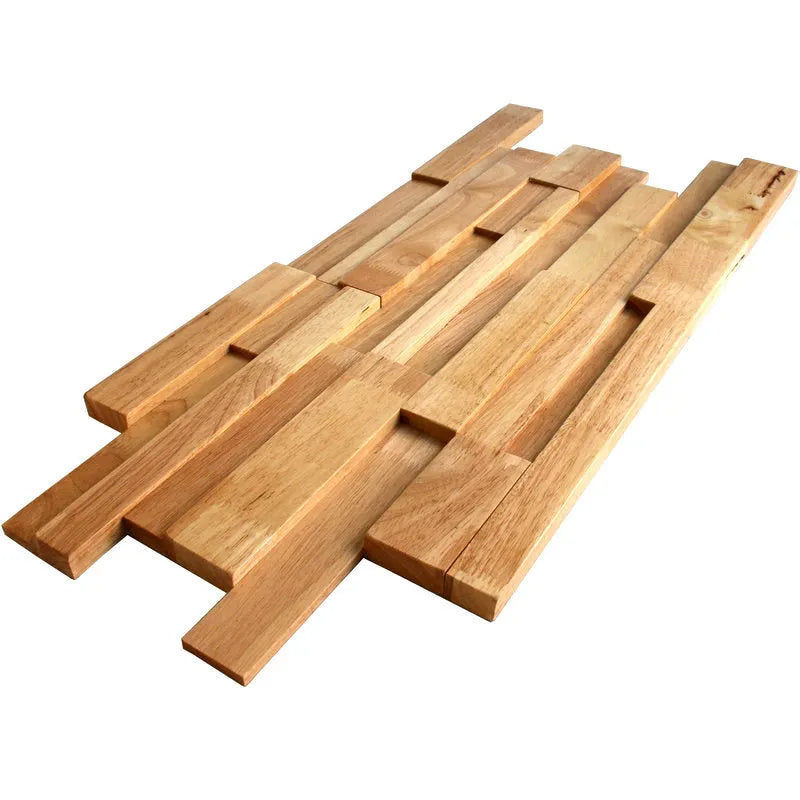 Retro 3D solid wood mosaic wall panel in 300x300mm and 300x600mm sizes with square and rectangular pieces