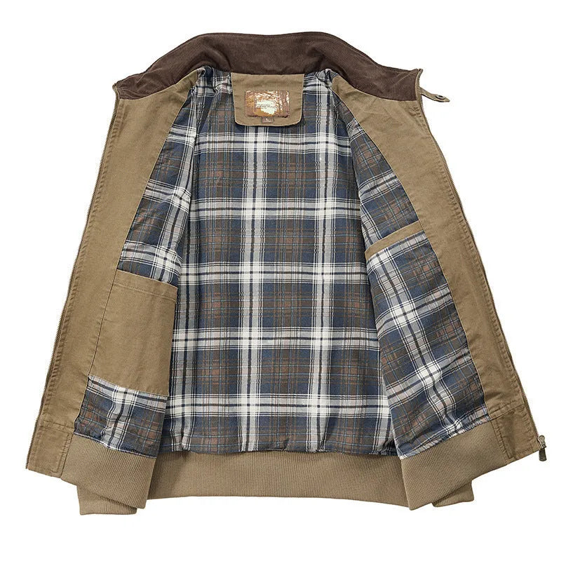 Plus size men's beige washed cotton baseball flight jacket on a hanger