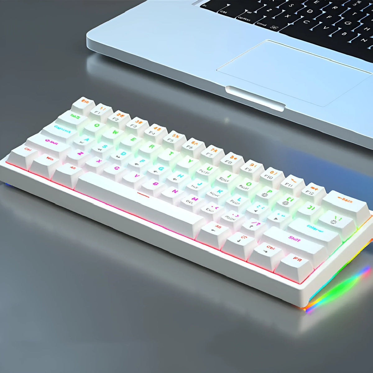 Small bluish black mechanical keyboard with 61 keys and hot-swap switch sockets