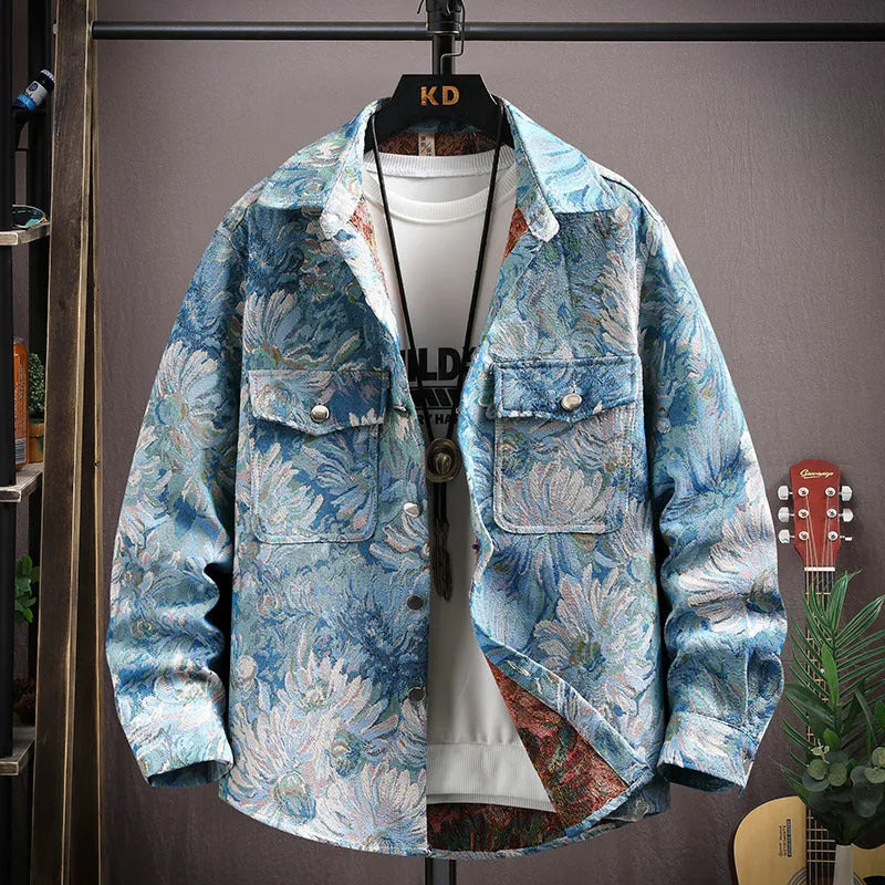 Casual lapel shirt coat in a colour-coded option like blue or black, showing long sleeves and straight hem.