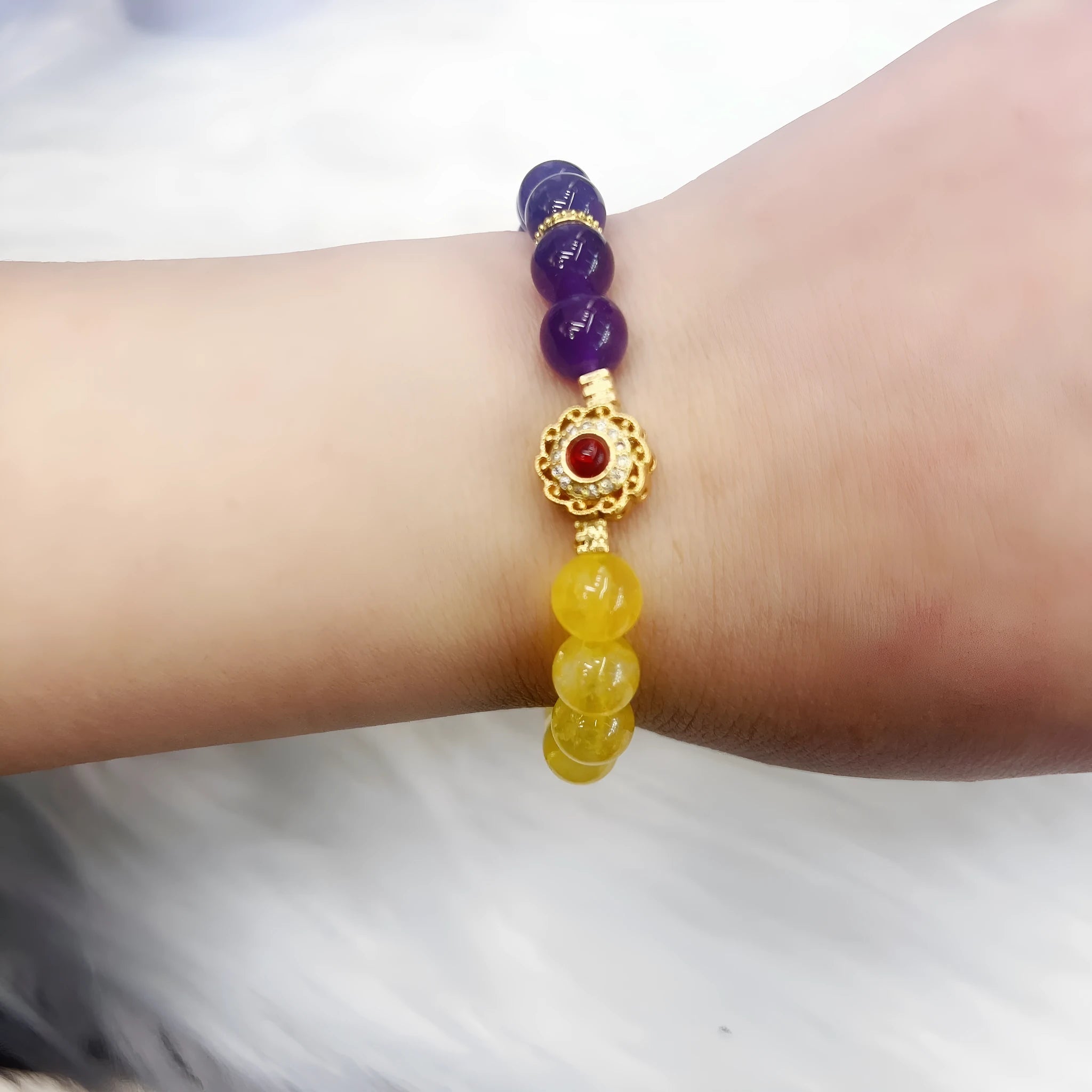 Handmade yellow and purple crystal amethyst bracelet for women with adjustable length