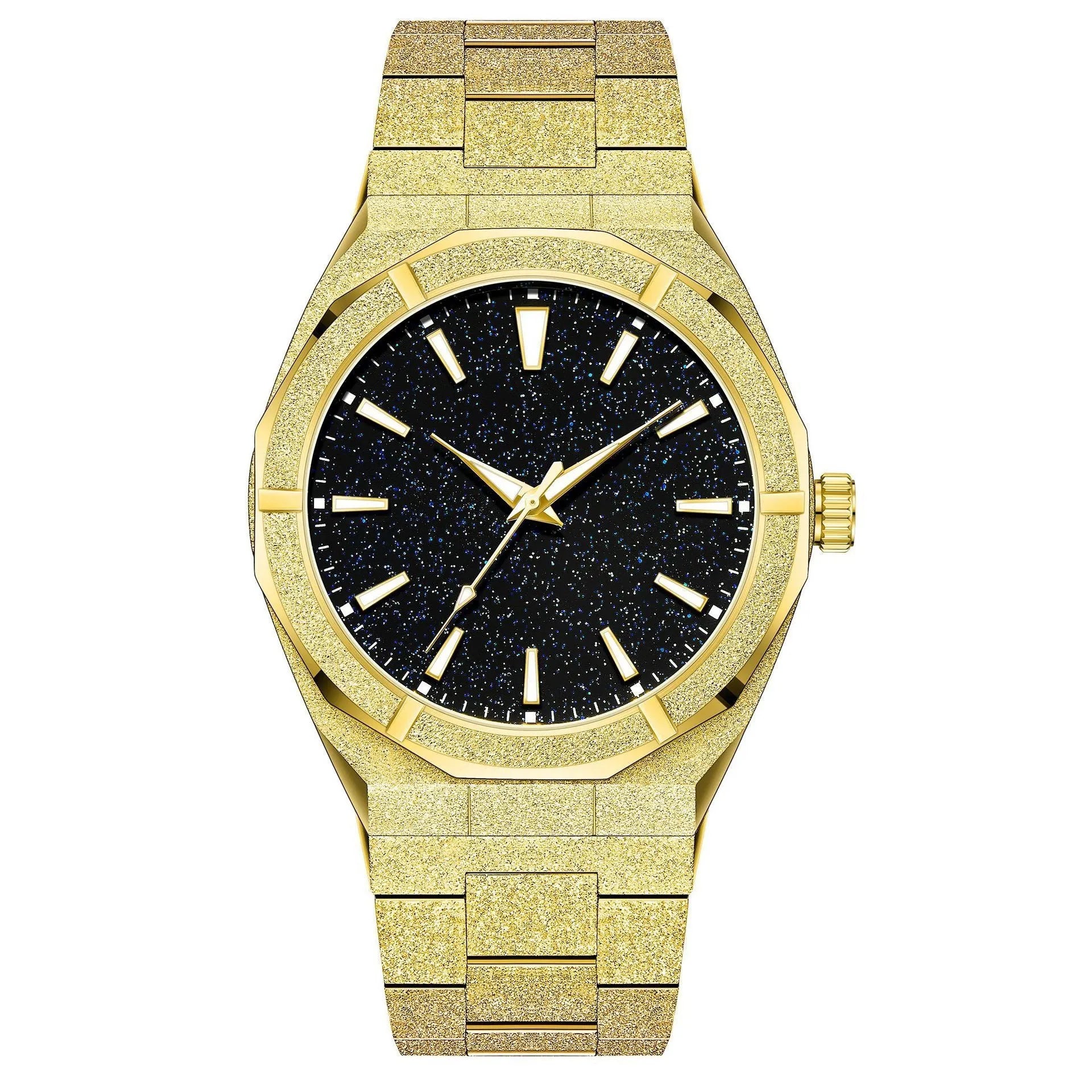 Men's business watch with frosted stainless steel finish and luminous markers on black background
