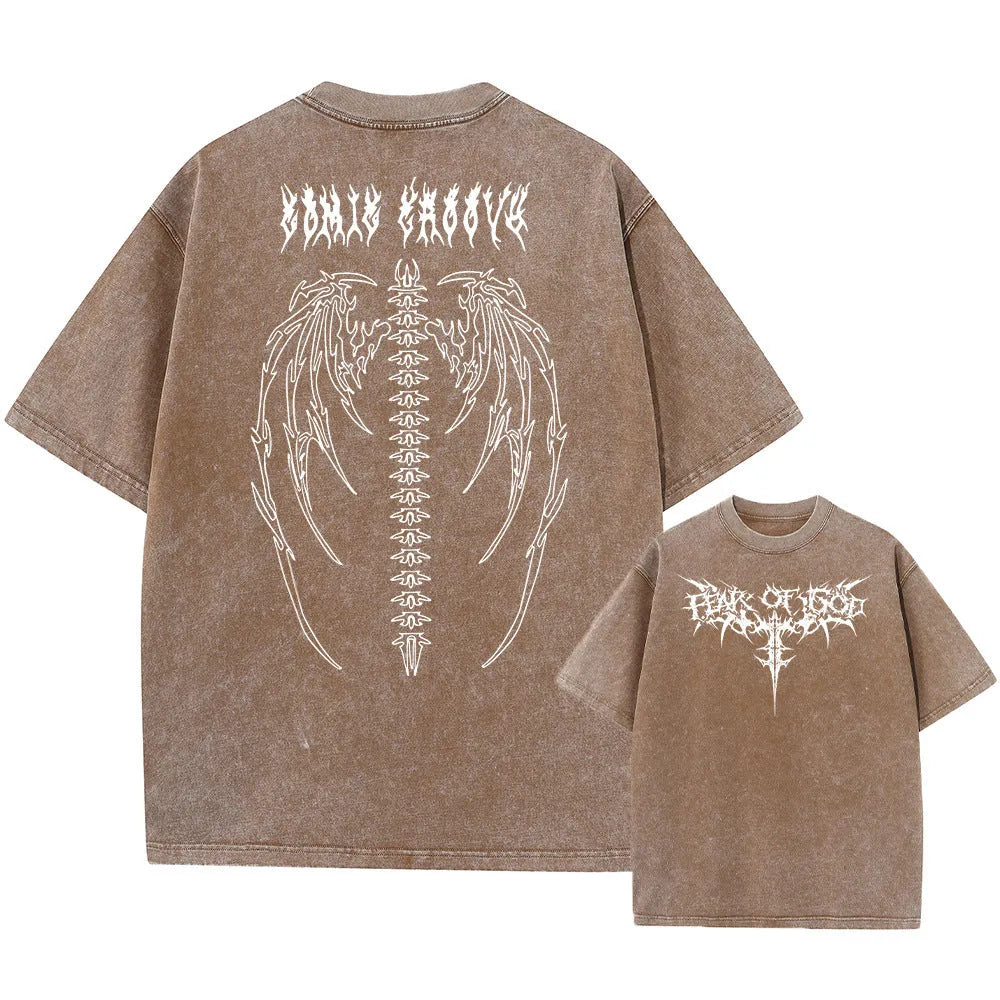Men's oversized loose-fit cotton t-shirt with drop-shoulder short sleeves on a hanger.