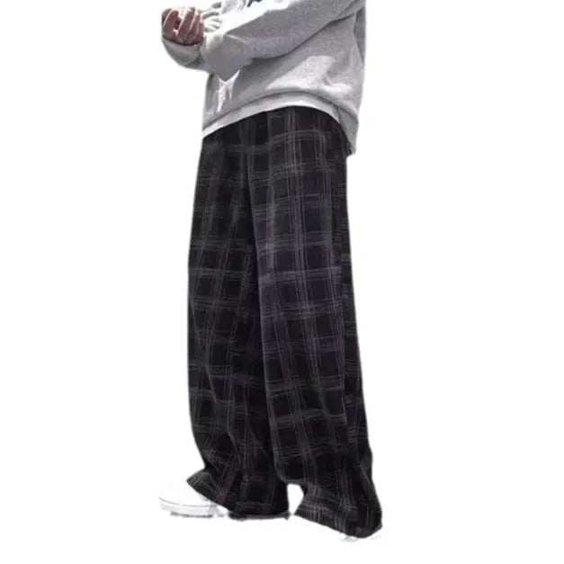 Japanese casual straight-leg trousers with tartan plaid pattern in black or green
