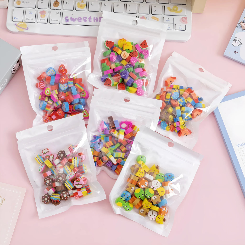 50 colourful cartoon mini erasers in fruit animal cake and seasonal designs measuring 1-1.5cm