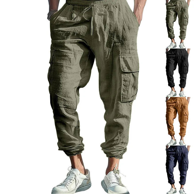 Men's ankle-tied linen casual trousers in Army Green with drawstring waist and multiple pockets