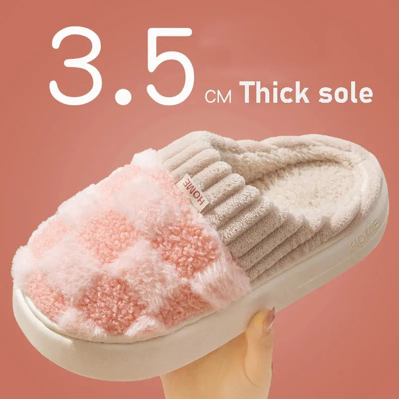 Women's plush indoor slippers in coffee colour with coral velvet upper and anti-slip PVC sole.