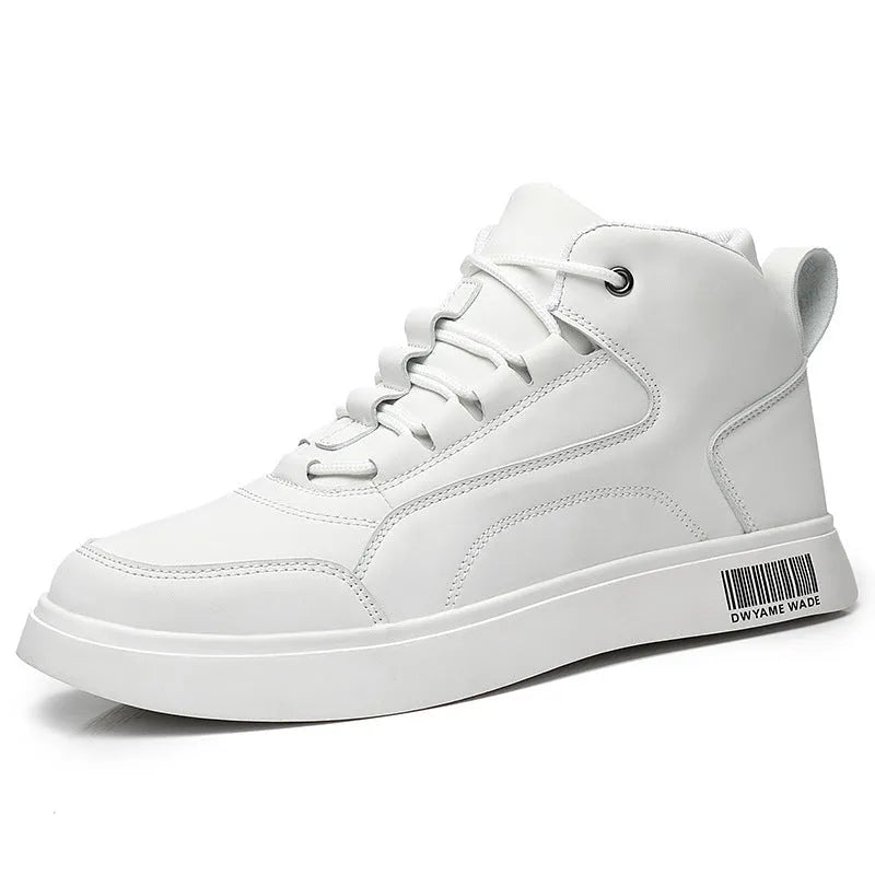 Men's white low-top board shoes with microfiber upper and rubber sole, lace-up front closure