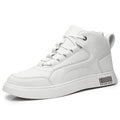 Men's white low-top board shoes with microfiber upper and rubber sole, lace-up front closure