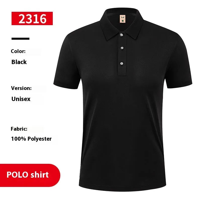 Short sleeve ice silk polo shirt with advertising logo in multiple colours on a hanger
