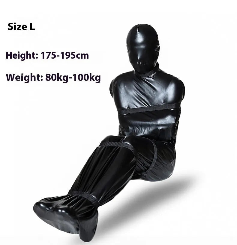 Black patent leather bondage set showing body wrap and six ratchet tie down straps