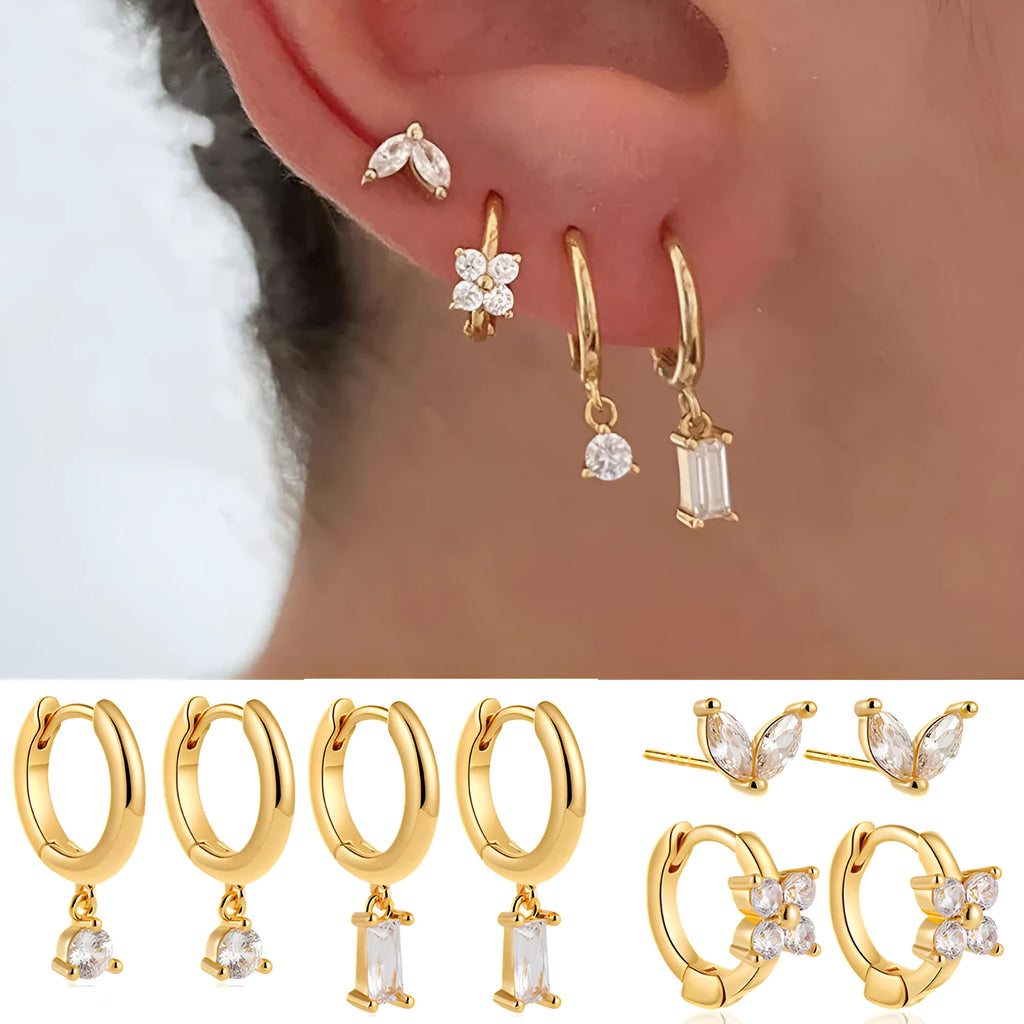 Geometric square earring set for women with zircon accents in gold or silver electroplated finish