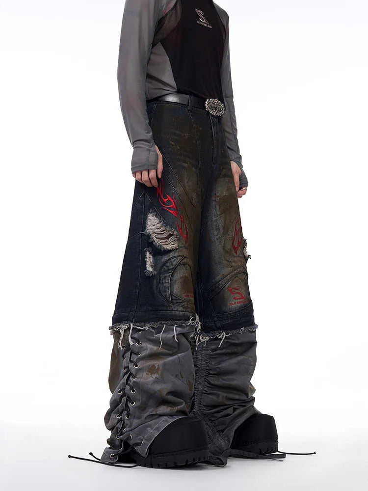 Men's retro denim jeans with detachable trouser legs in wide-leg loose fit