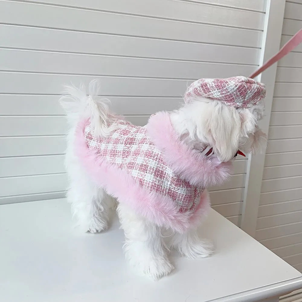 Pink polyester cat clothing set with cloak, beret and drawstring on small cat